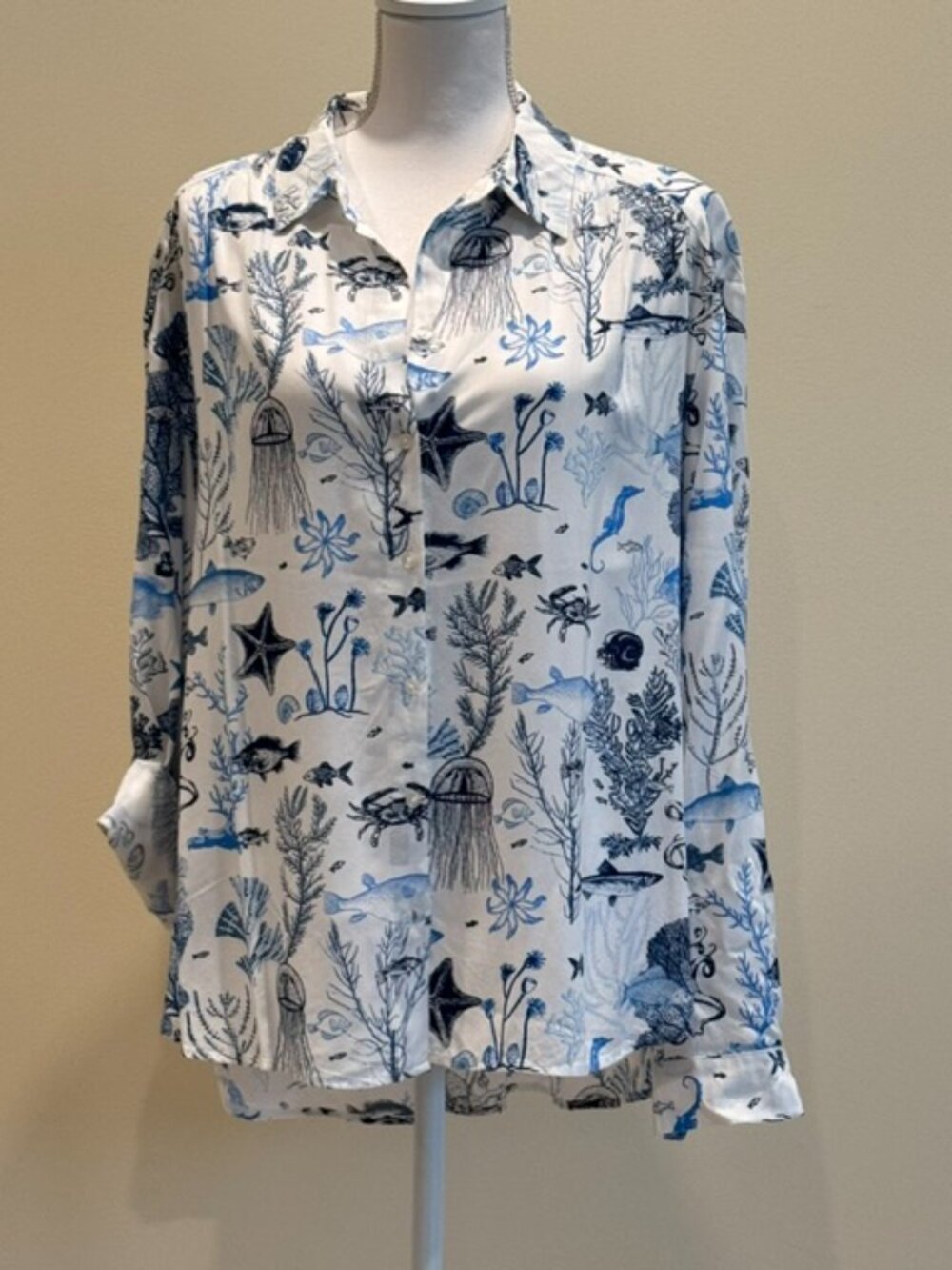 Jane Delancey Sea Creature Blue and White Blouse Size XL